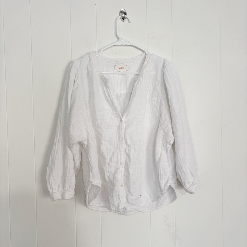 XiRENA Crisp White Button-Down Shirt Puff Sleeve Size Large Summer Boho